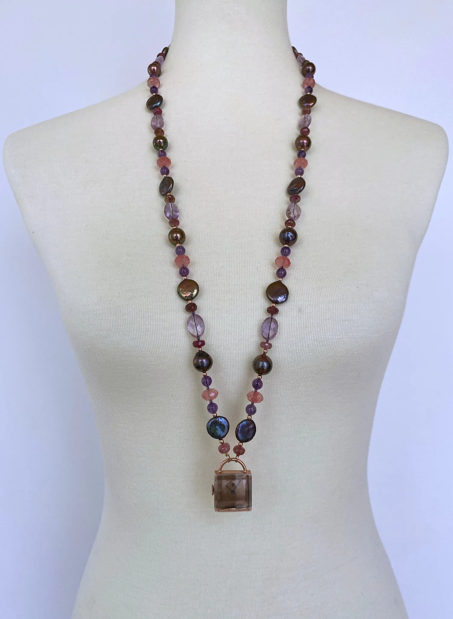 Black Pearl, Amethyst, Pink Tourmaline, Cherry Quartz and 14K Rose Gold Sautoir