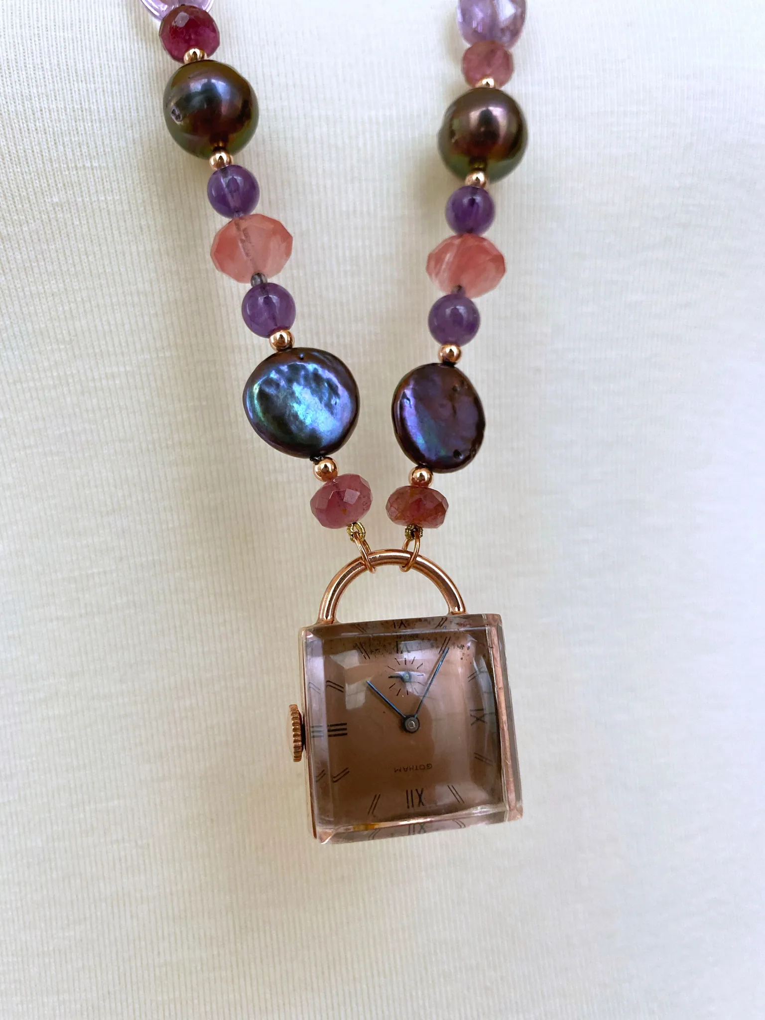 Black Pearl, Amethyst, Pink Tourmaline, Cherry Quartz and 14K Rose Gold Sautoir - Image 2
