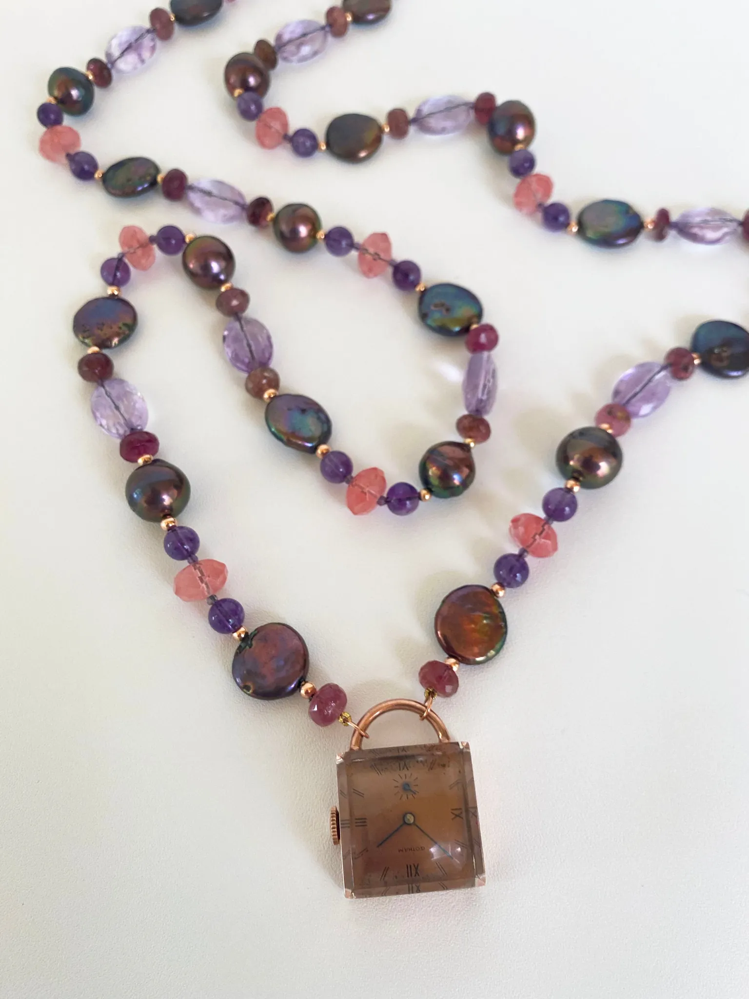Black Pearl, Amethyst, Pink Tourmaline, Cherry Quartz and 14K Rose Gold Sautoir - Image 3