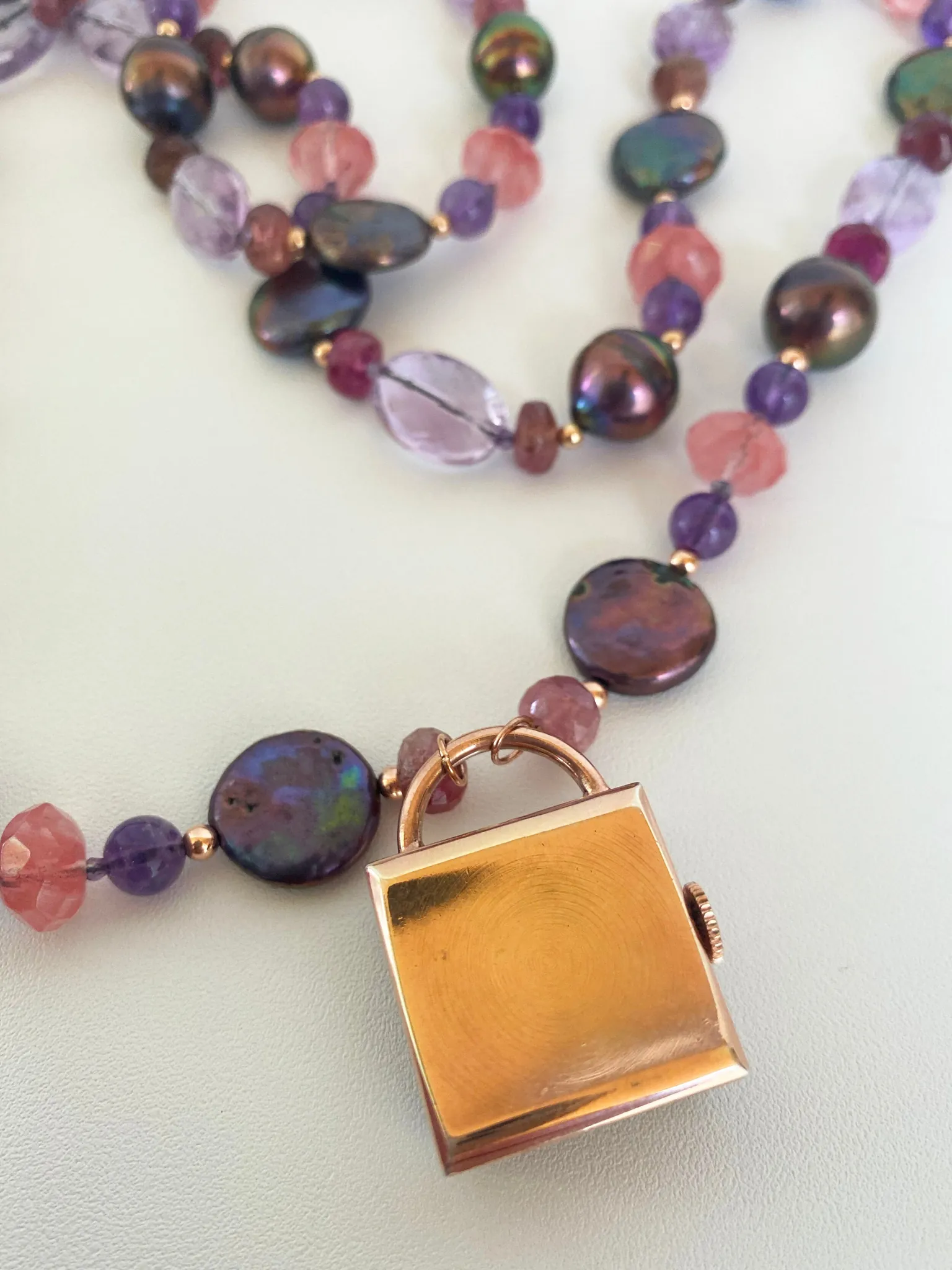 Black Pearl, Amethyst, Pink Tourmaline, Cherry Quartz and 14K Rose Gold Sautoir - Image 4