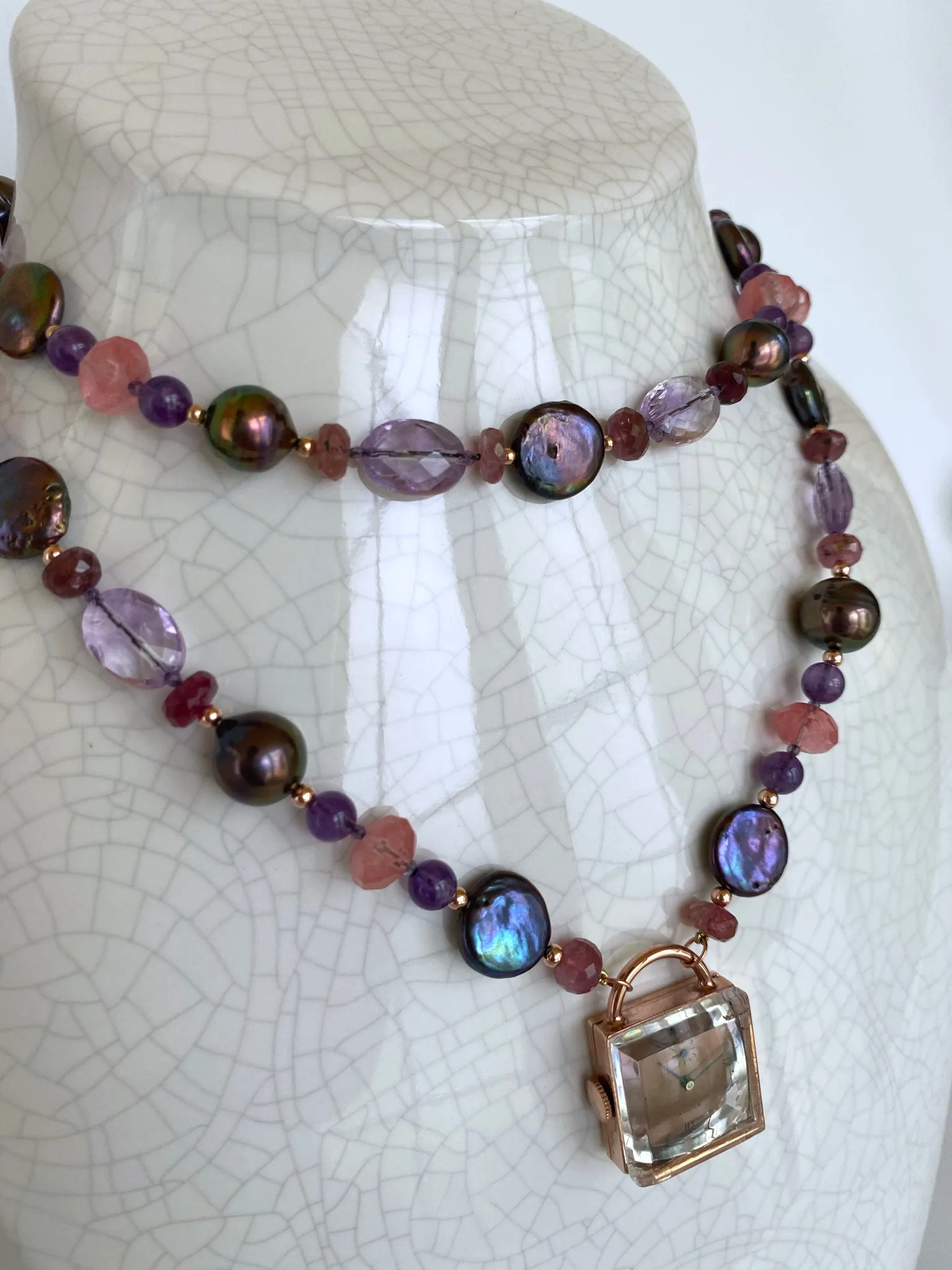 Black Pearl, Amethyst, Pink Tourmaline, Cherry Quartz and 14K Rose Gold Sautoir - Image 5
