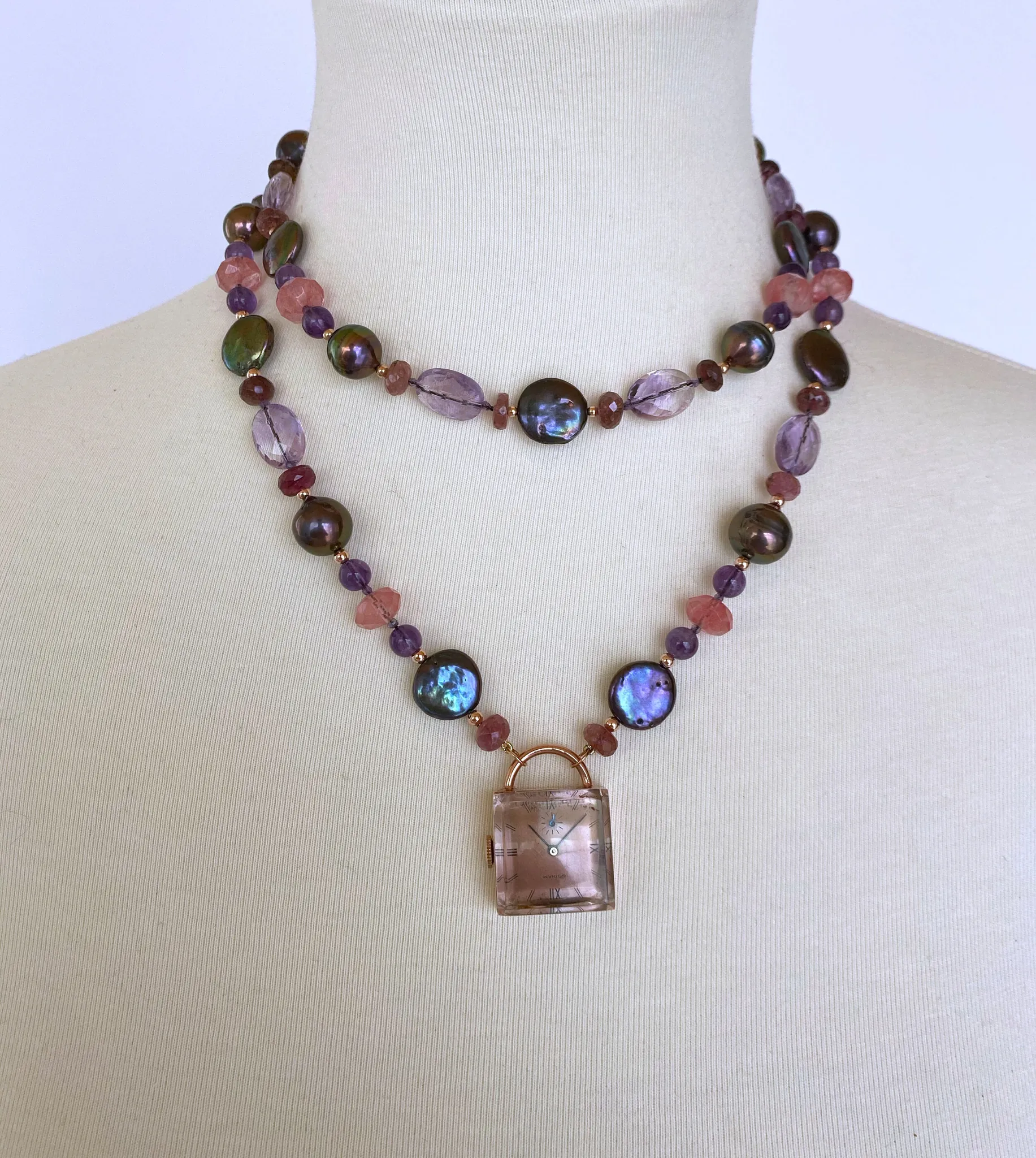 Black Pearl, Amethyst, Pink Tourmaline, Cherry Quartz and 14K Rose Gold Sautoir - Image 6