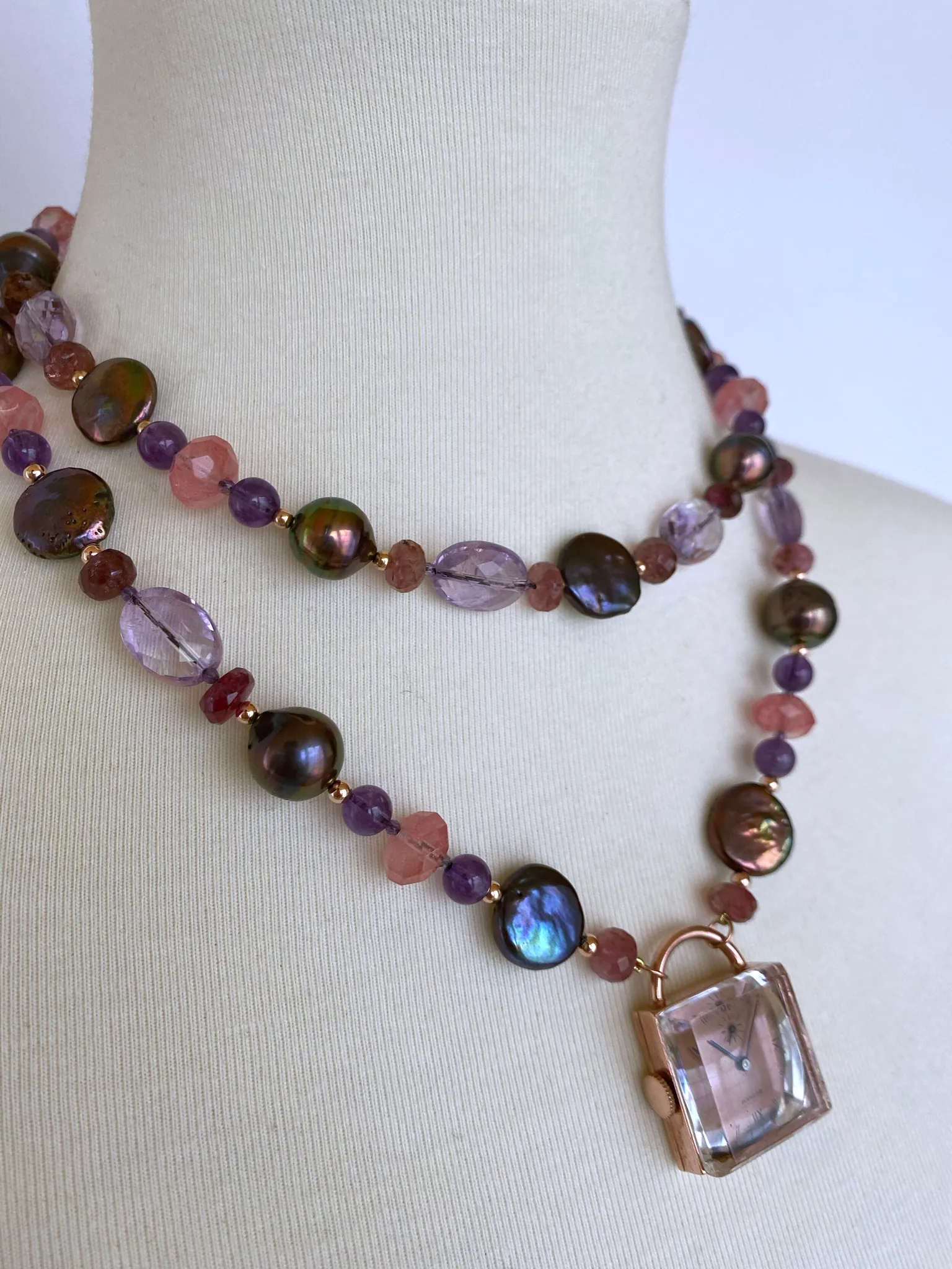 Black Pearl, Amethyst, Pink Tourmaline, Cherry Quartz and 14K Rose Gold Sautoir - Image 7