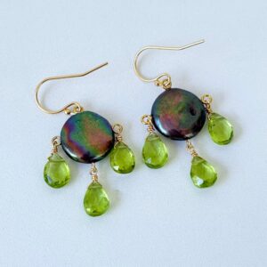 Black Pearl, Peridot & 14k Chandelier Earrings