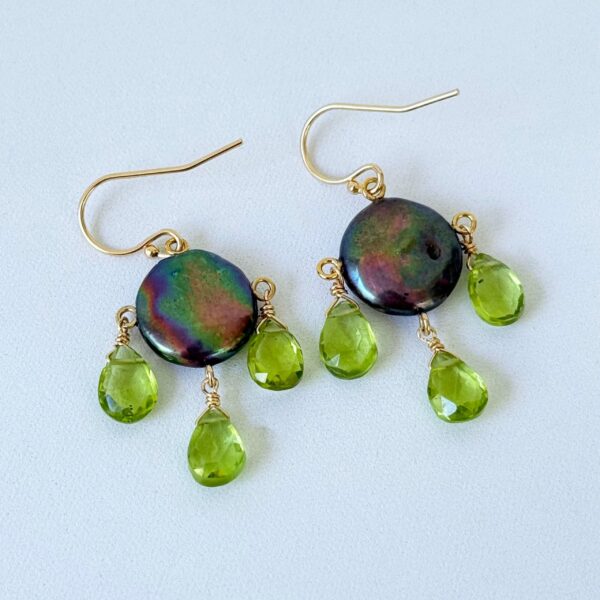 Black Pearl, Peridot & 14k Chandelier Earrings
