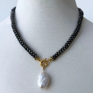 Black Pearl Rope Necklace with Solid 14k Yellow Gold Clasp and Removable Centerpiece