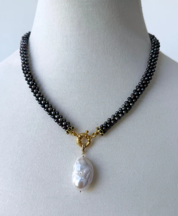 Black Pearl Rope Necklace with Solid 14k Yellow Gold Clasp and Removable Centerpiece