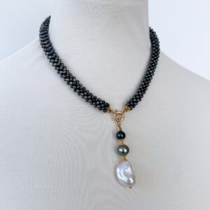 Black Pearl & 14k Rope Necklace With Drop Tassel
