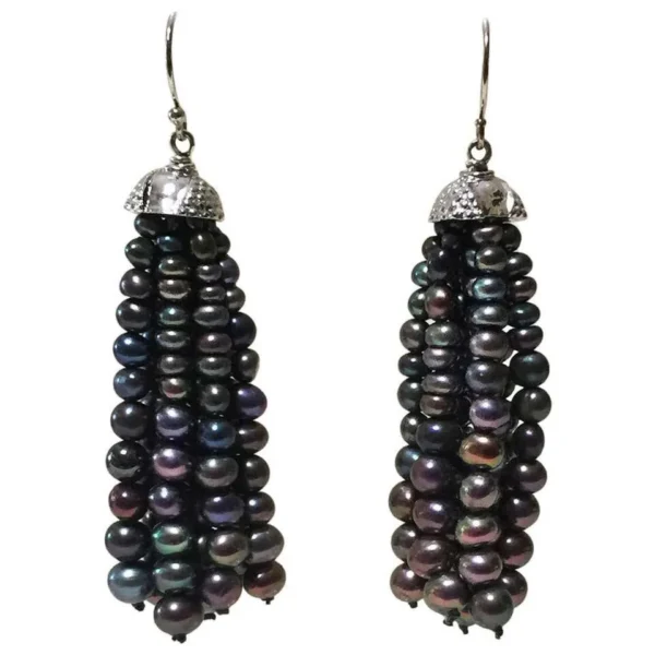 Black Pearl Tassel Earrings with White Gold Plated Silver Cup by Marina J