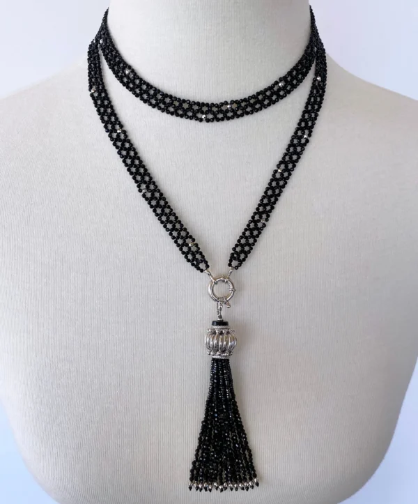 Black Spinel and Silver Rhodium Sautoir with Removable Tassel