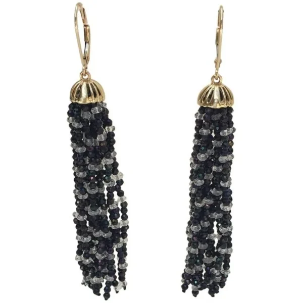 Black Spinel and White Topaz Tassel Earrings with 14 K Gold Lever Backs