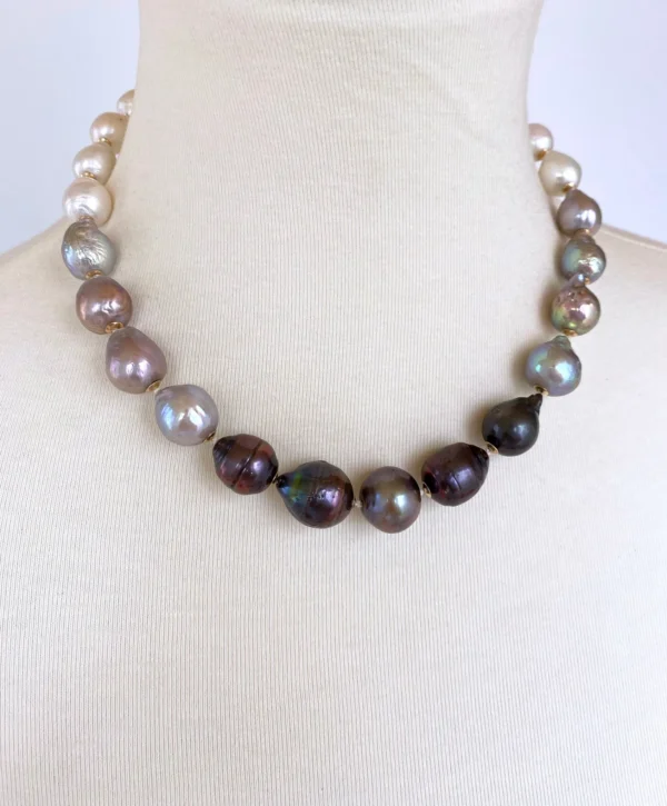 Black, White & Grey Graduated Ombre Pearl Necklace with 14K Gold Clasp