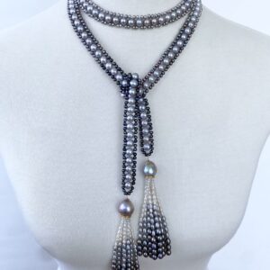 Black, White & Grey Ombre Pearl Sautoir with Diamond Encrusted Tassels