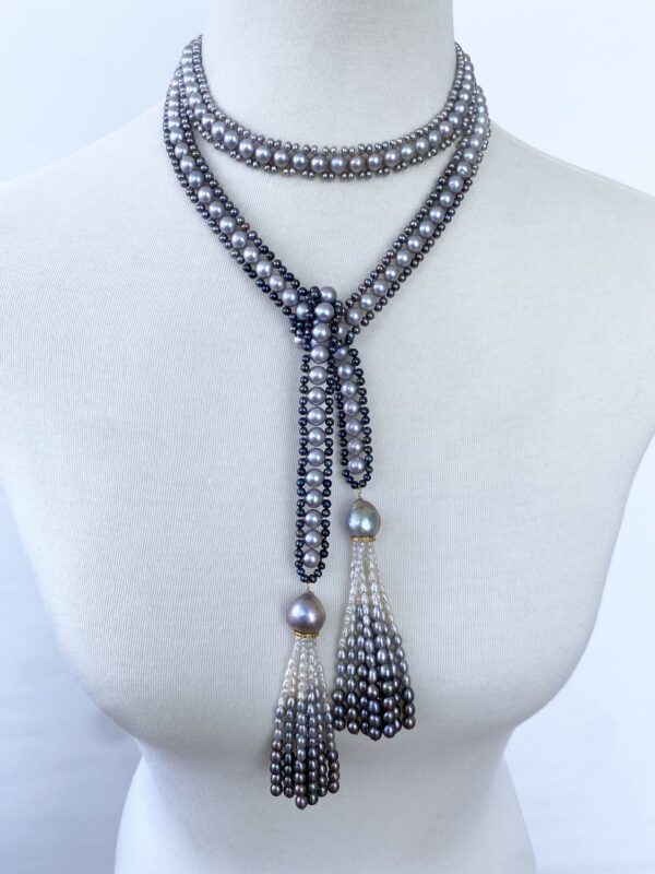 Black, White & Grey Ombre Pearl Sautoir with Diamond Encrusted Tassels