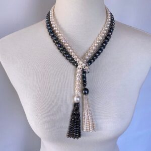 Black & White Pearl Sautoir with Diamonds and 14k White Gold