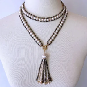 Black & White Pearl Sautoir with Removable Tassel & 14k Yellow Gold