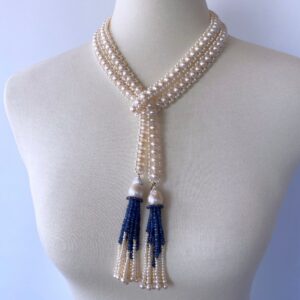 Blue Sapphire & Baroque Pearl Tassels Sautoir with 14k Yellow Gold