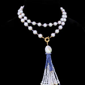 Blue Sapphire, Pearl & 14k Yellow Gold Sautoir with Graduated Tassel