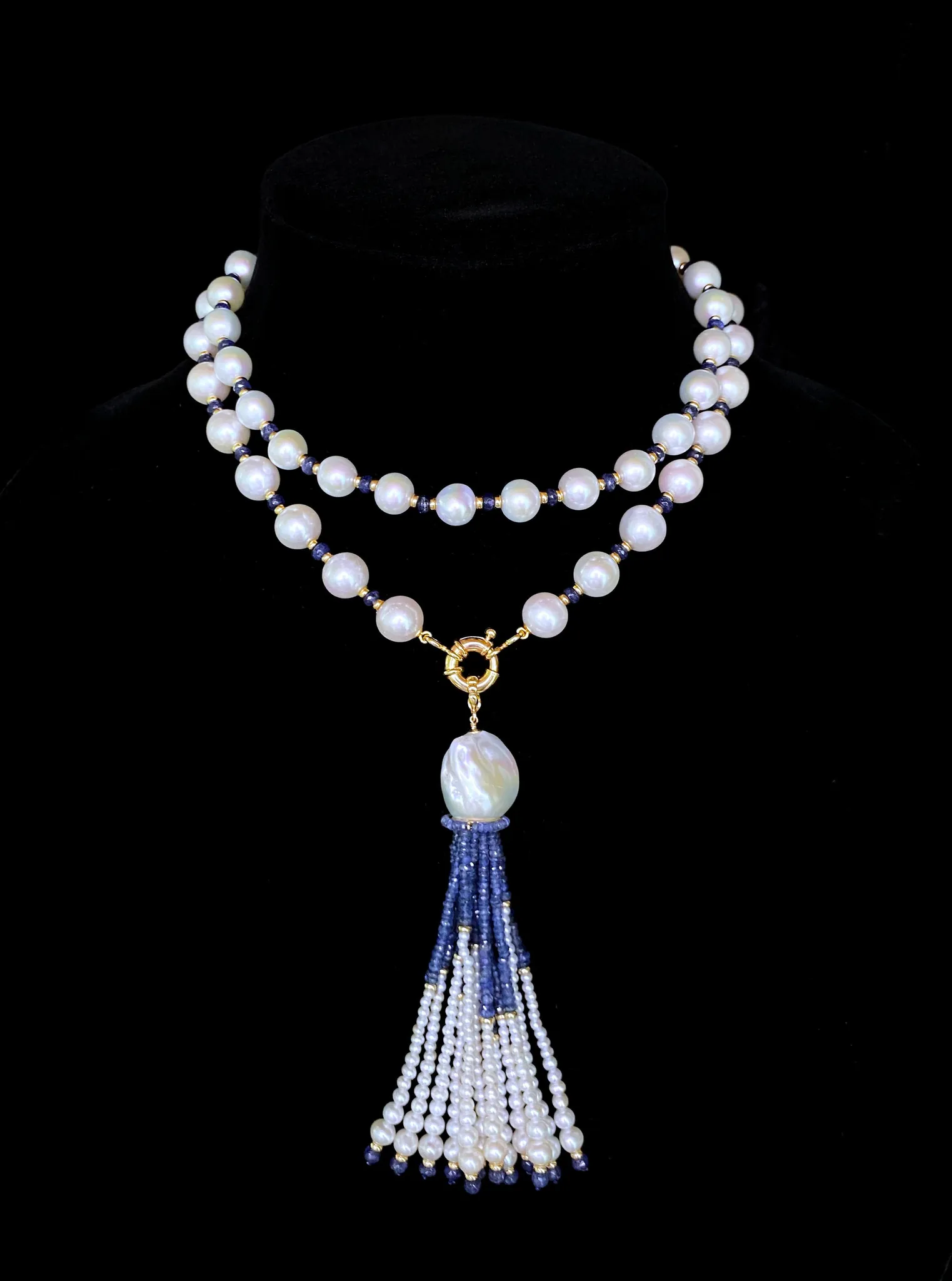 Blue Sapphire, Pearl & 14k Yellow Gold Sautoir with Graduated Tassel - Image 2