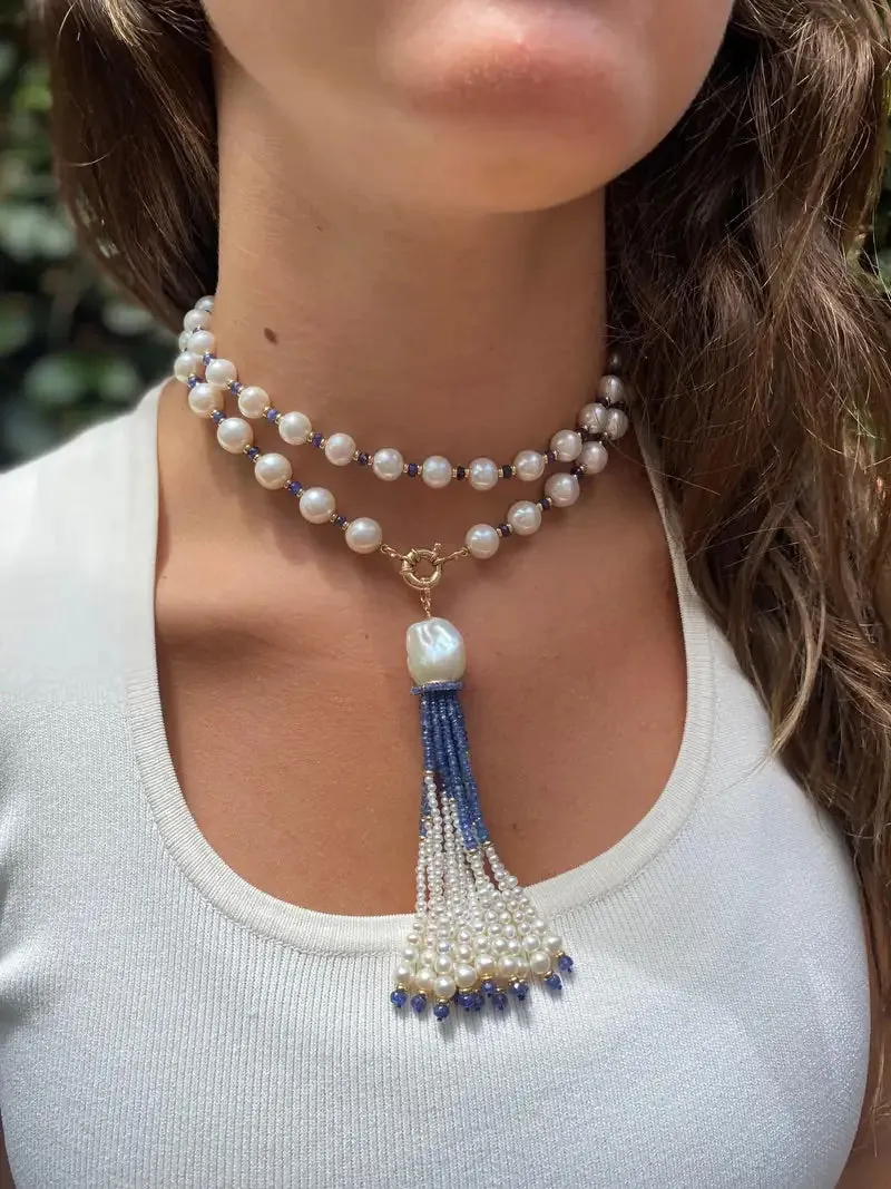 Blue Sapphire, Pearl & 14k Yellow Gold Sautoir with Graduated Tassel - Image 3