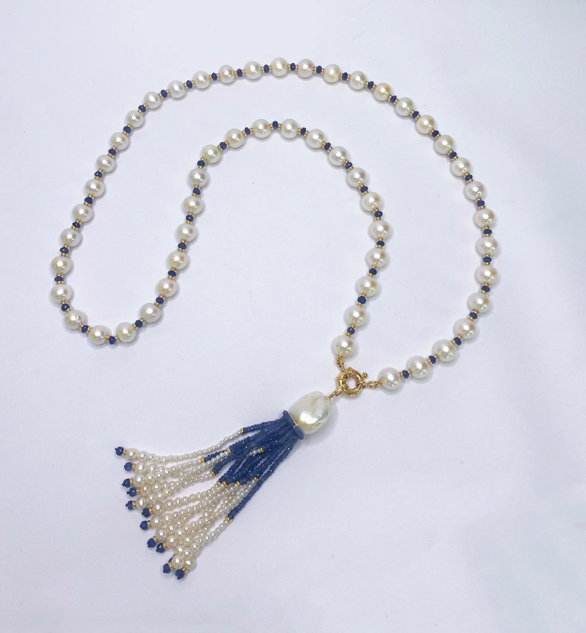 Blue Sapphire, Pearl & 14k Yellow Gold Sautoir with Graduated Tassel - Image 4