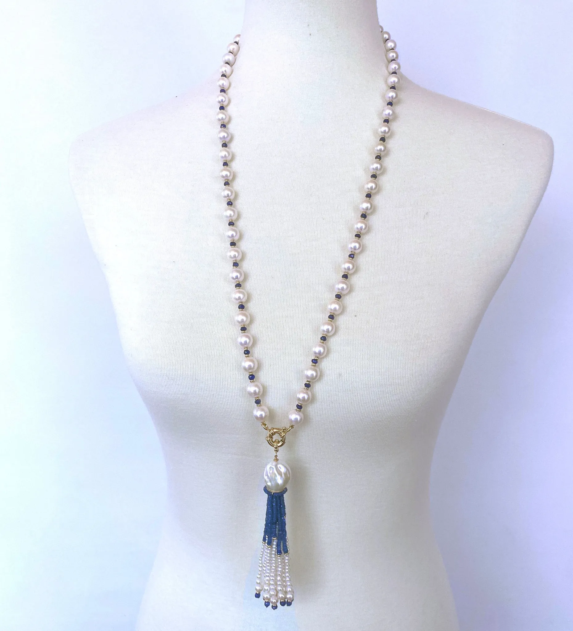 Blue Sapphire, Pearl & 14k Yellow Gold Sautoir with Graduated Tassel - Image 6