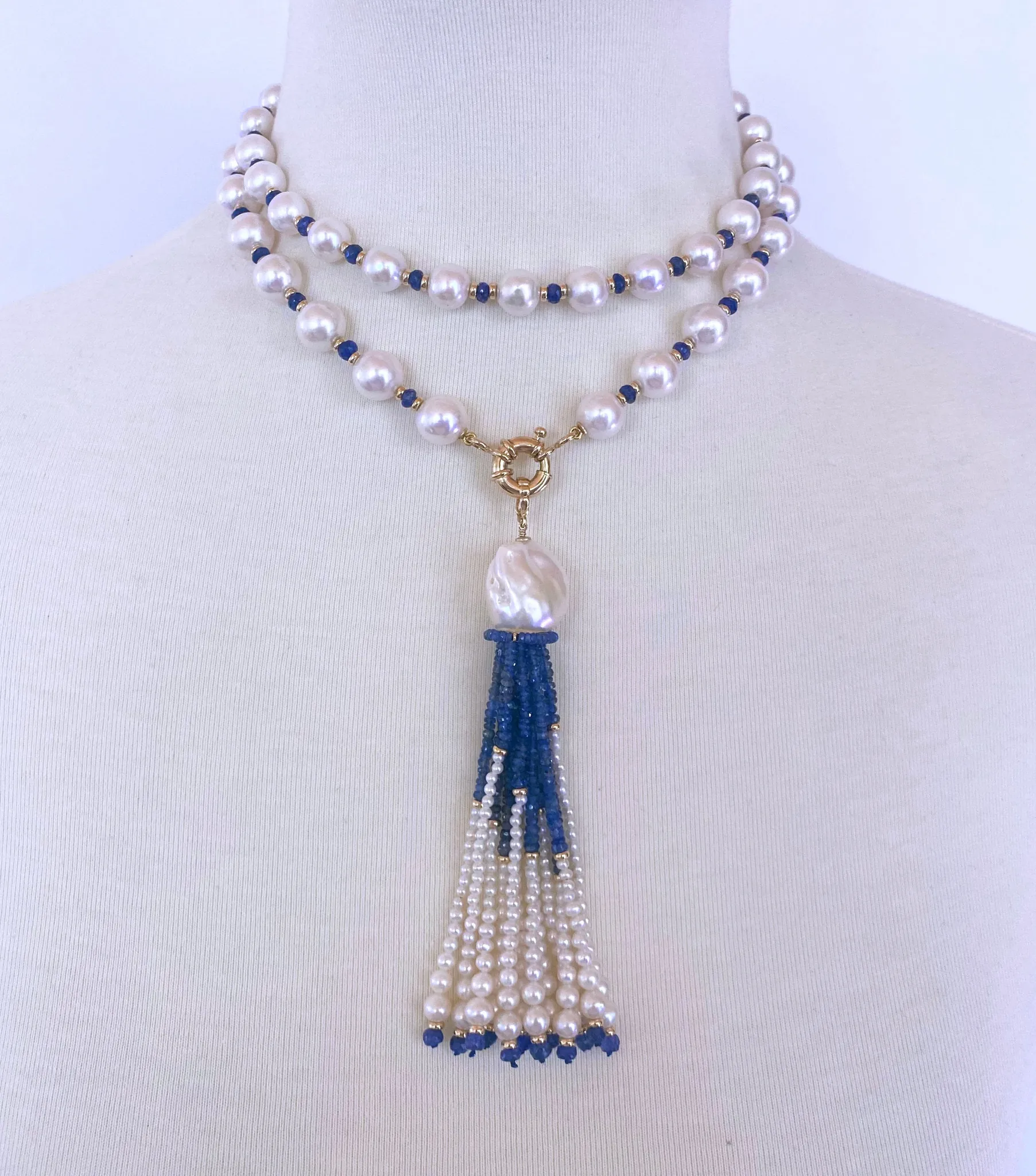 Blue Sapphire, Pearl & 14k Yellow Gold Sautoir with Graduated Tassel - Image 7