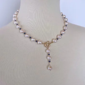 Blue Sapphire, Pearl and 14k Yellow Gold Drop Tassel Necklace