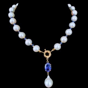 Blue Sapphire, Pearl & Solid 14k Yellow Gold Necklace