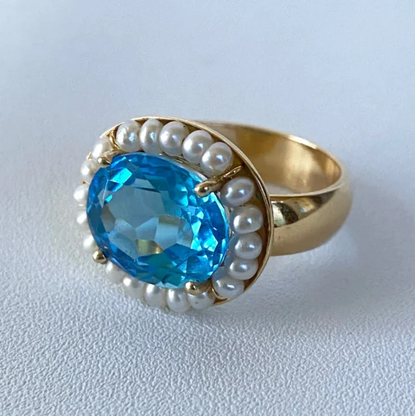 Blue Topaz Ring with Seed Pearls and 14 Karat Gold Band