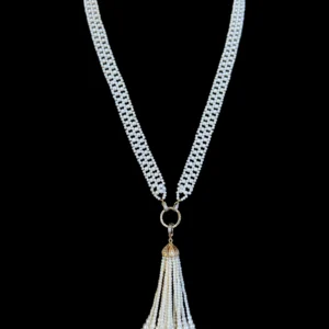Bridal Pearl Sautoir with Diamonds & Solid 14k Yellow Gold