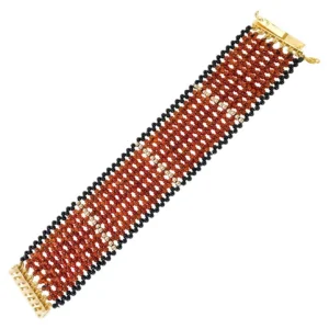 Carnelian, Gold, and Onyx Beads Wide Woven Bracelet with Vermeil clasp