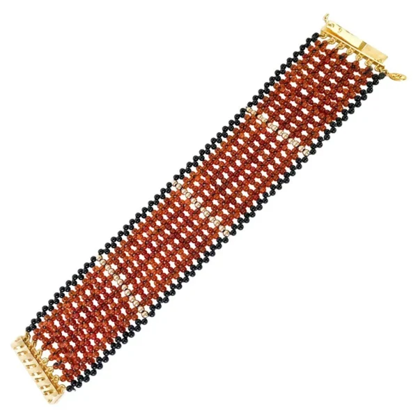Carnelian, Gold, and Onyx Beads Wide Woven Bracelet with Vermeil clasp