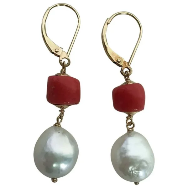 Coral and White Pearl Drop Earrings with 14 Karat Gold Lever-Backs