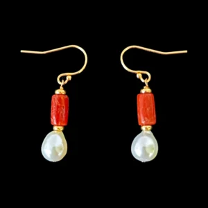 Coral, Pearl & Solid 14k Yellow Gold Earrings