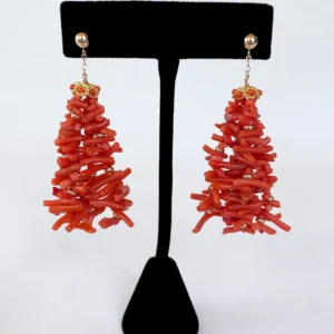 Coral & solid 14k Yellow Gold Tassel Earrings