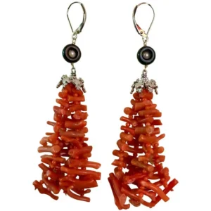 Coral Tassel Earrings with Black Onyx and Pearl and 14k White Gold
