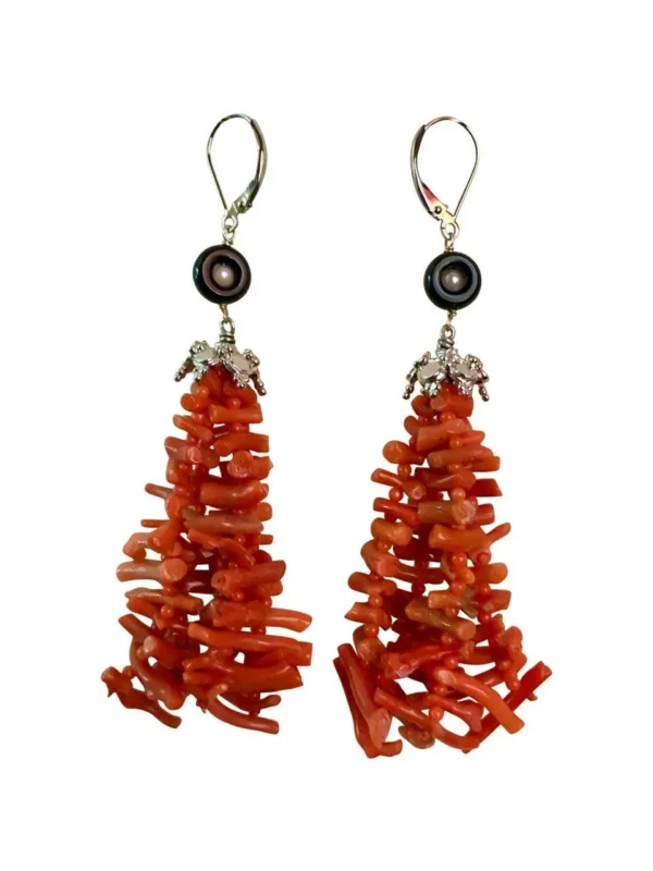 Coral Tassel Earrings with Black Onyx and Pearl and 14k White Gold