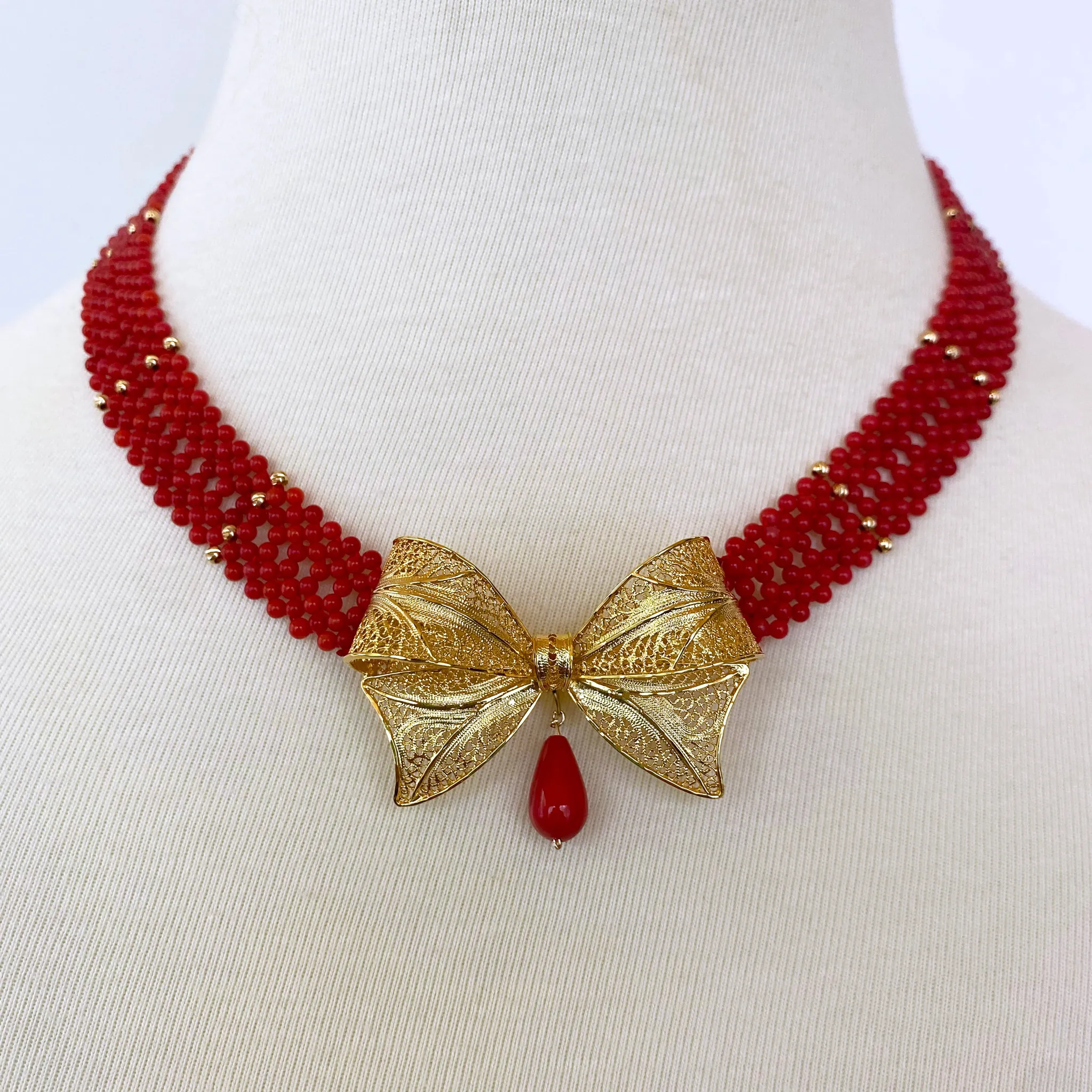 Coral Woven Necklace with 18k Plated Bowtie Centerpiece & Detailings - Image 3