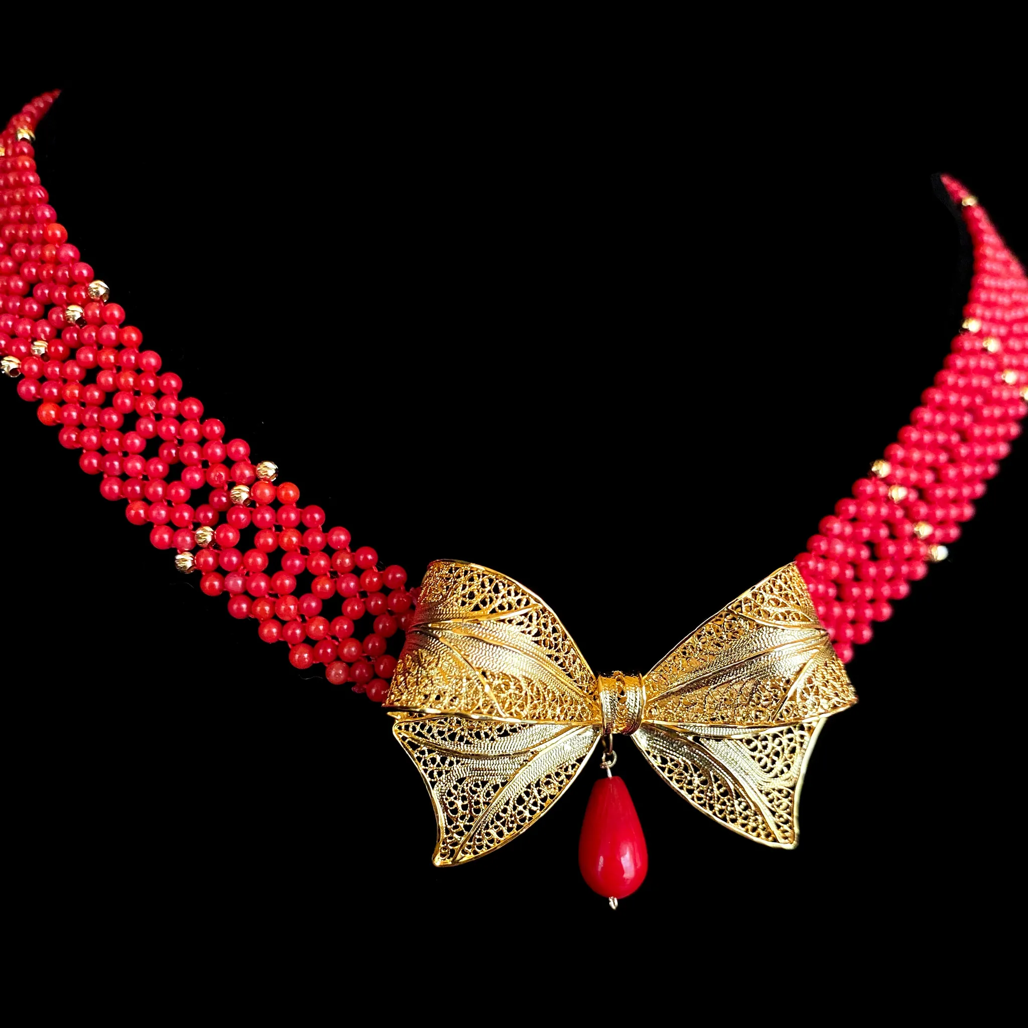 Coral Woven Necklace with 18k Plated Bowtie Centerpiece & Detailings - Image 5