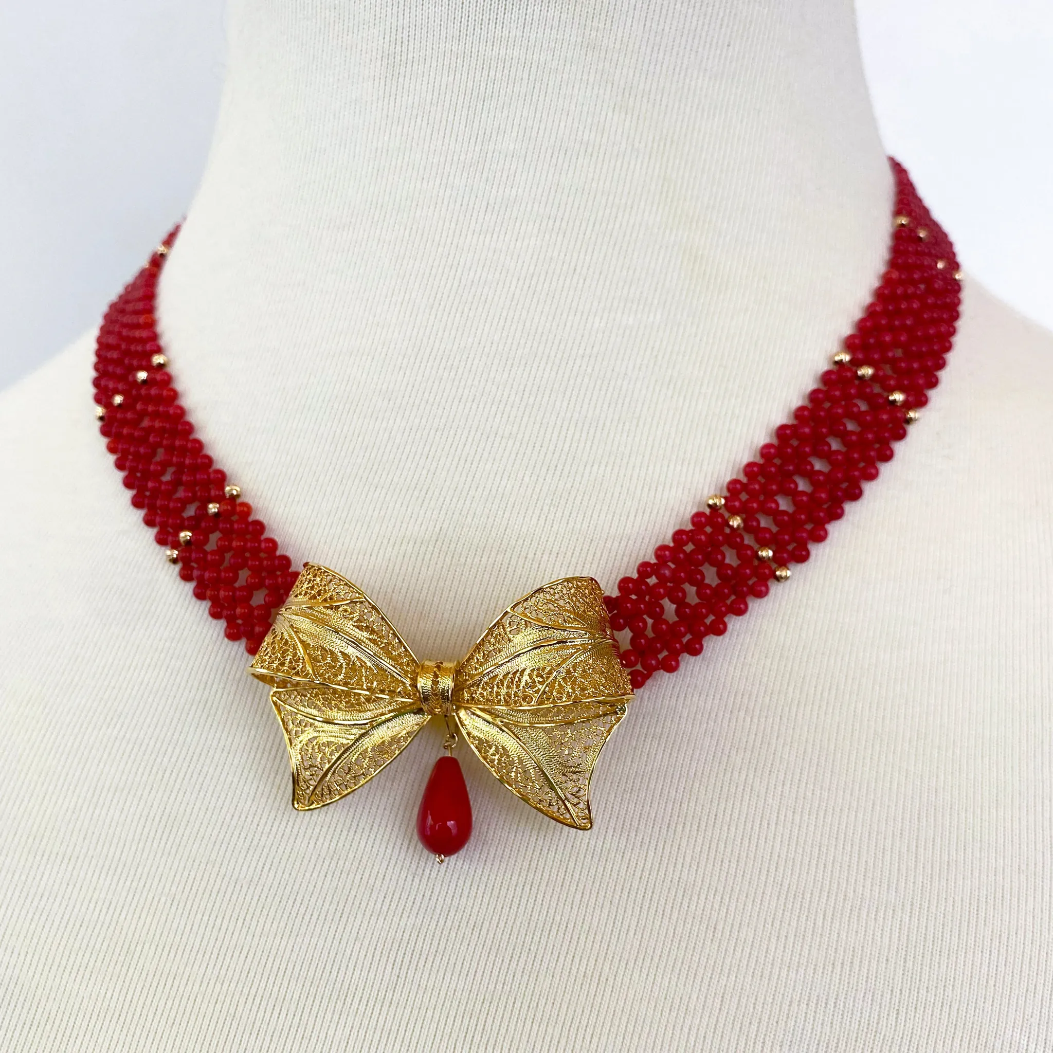 Coral Woven Necklace with 18k Plated Bowtie Centerpiece & Detailings - Image 6