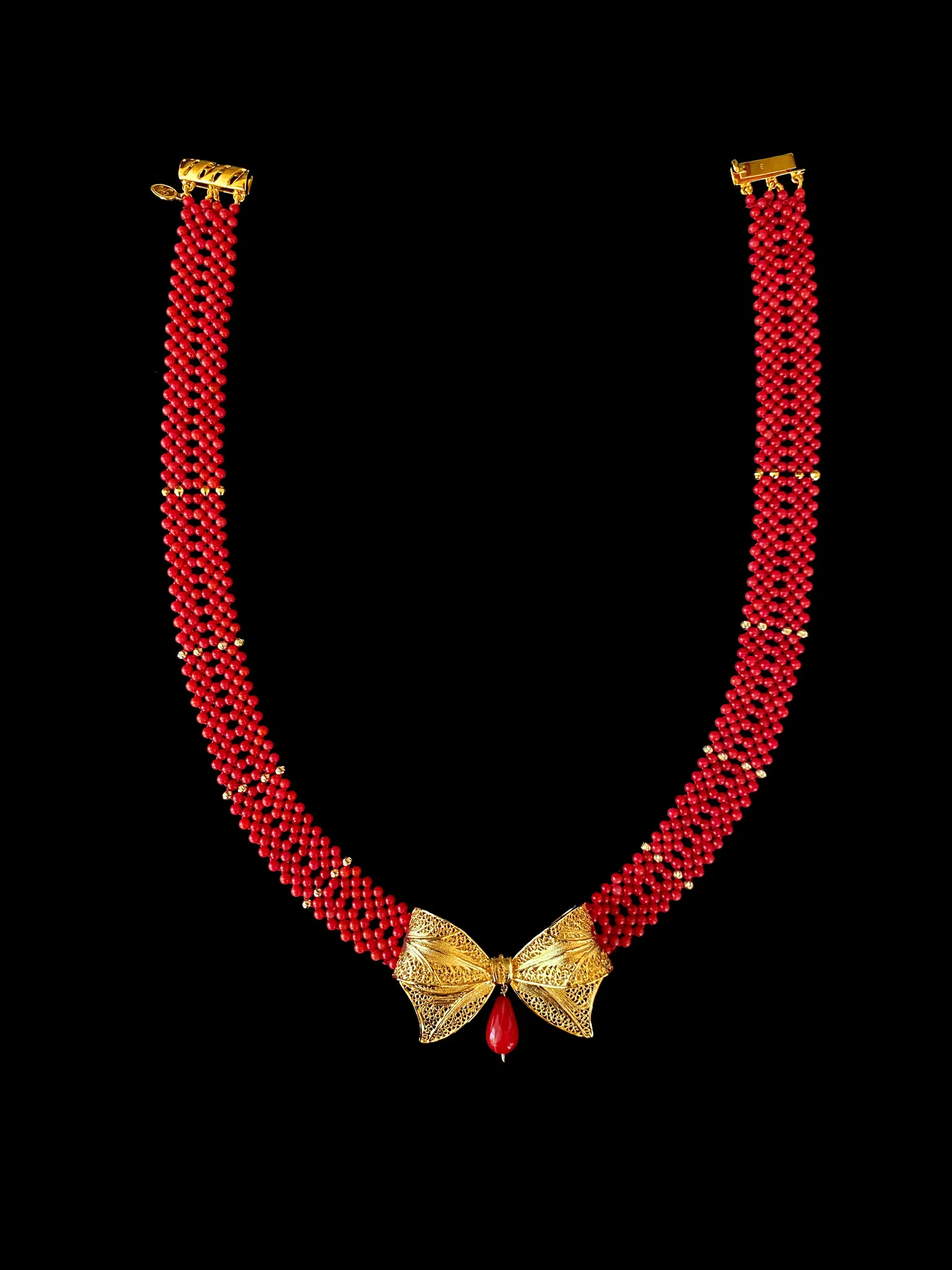 Coral Woven Necklace with 18k Plated Bowtie Centerpiece & Detailings - Image 7