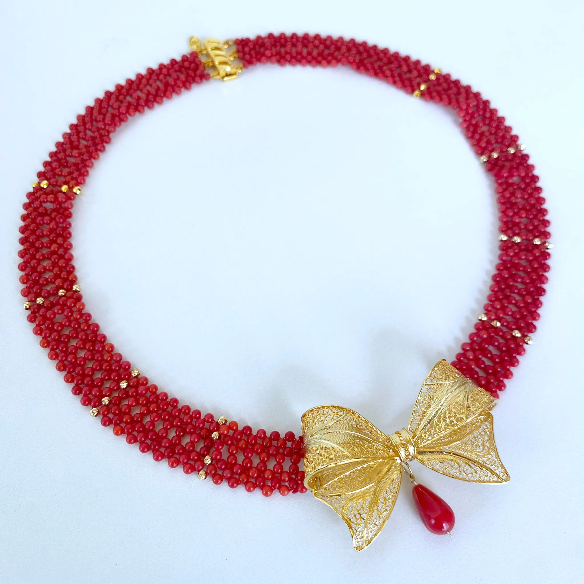 Coral Woven Necklace with 18k Plated Bowtie Centerpiece & Detailings - Image 8