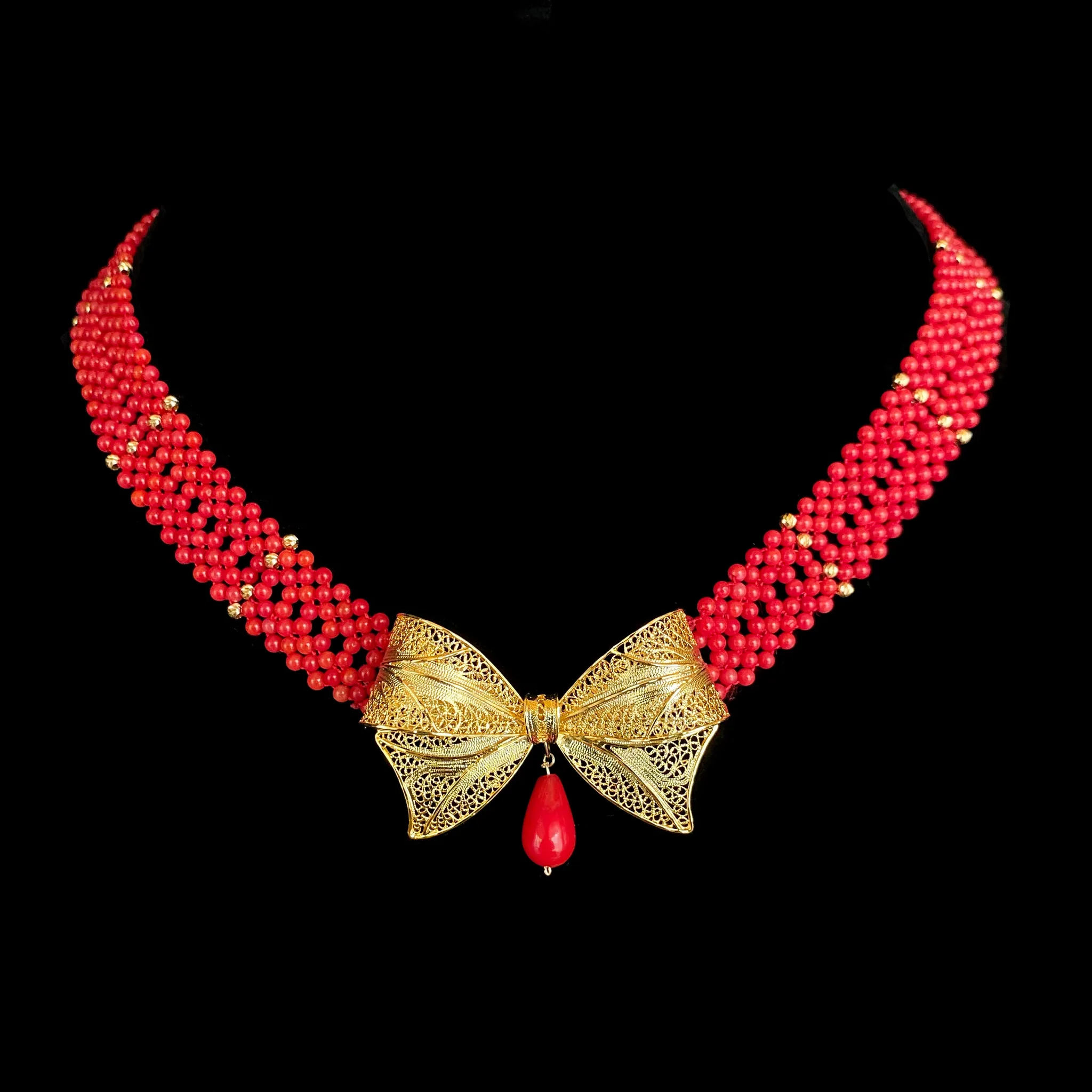 Coral Woven Necklace with 18k Plated Bowtie Centerpiece & Detailings - Image 9