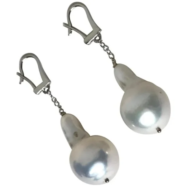 Dangle White Baroque Pearl Earrings with 14 K Gold Chain &Lever-Back