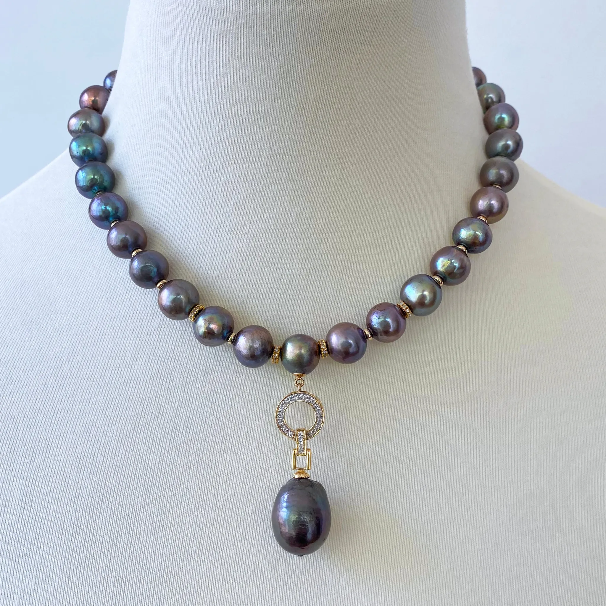 One Of A Kind Black Pearl Necklace with Diamonds & Solid 14k Yellow Gold - Image 2