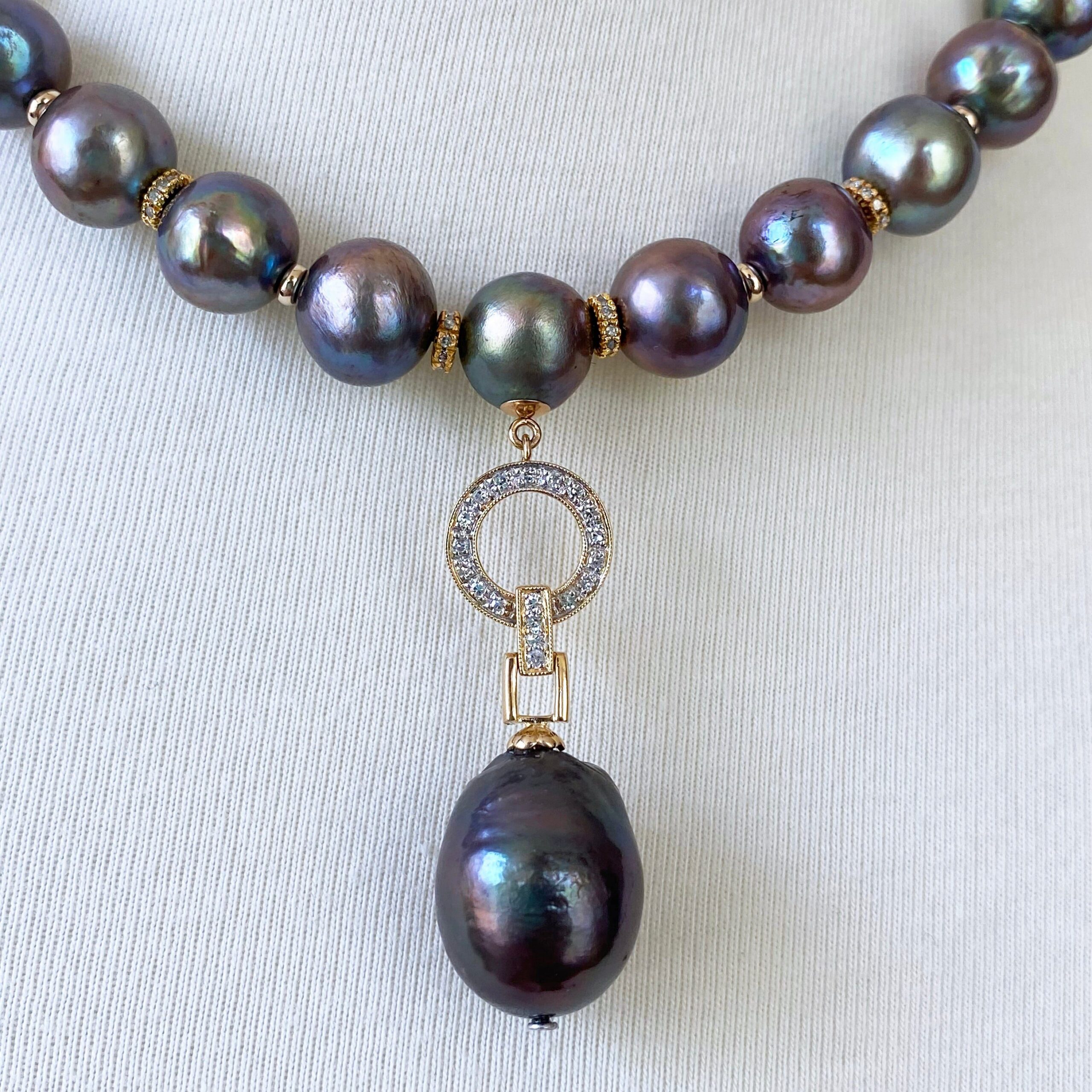 One Of A Kind Black Pearl Necklace with Diamonds & Solid 14k Yellow Gold - Image 3