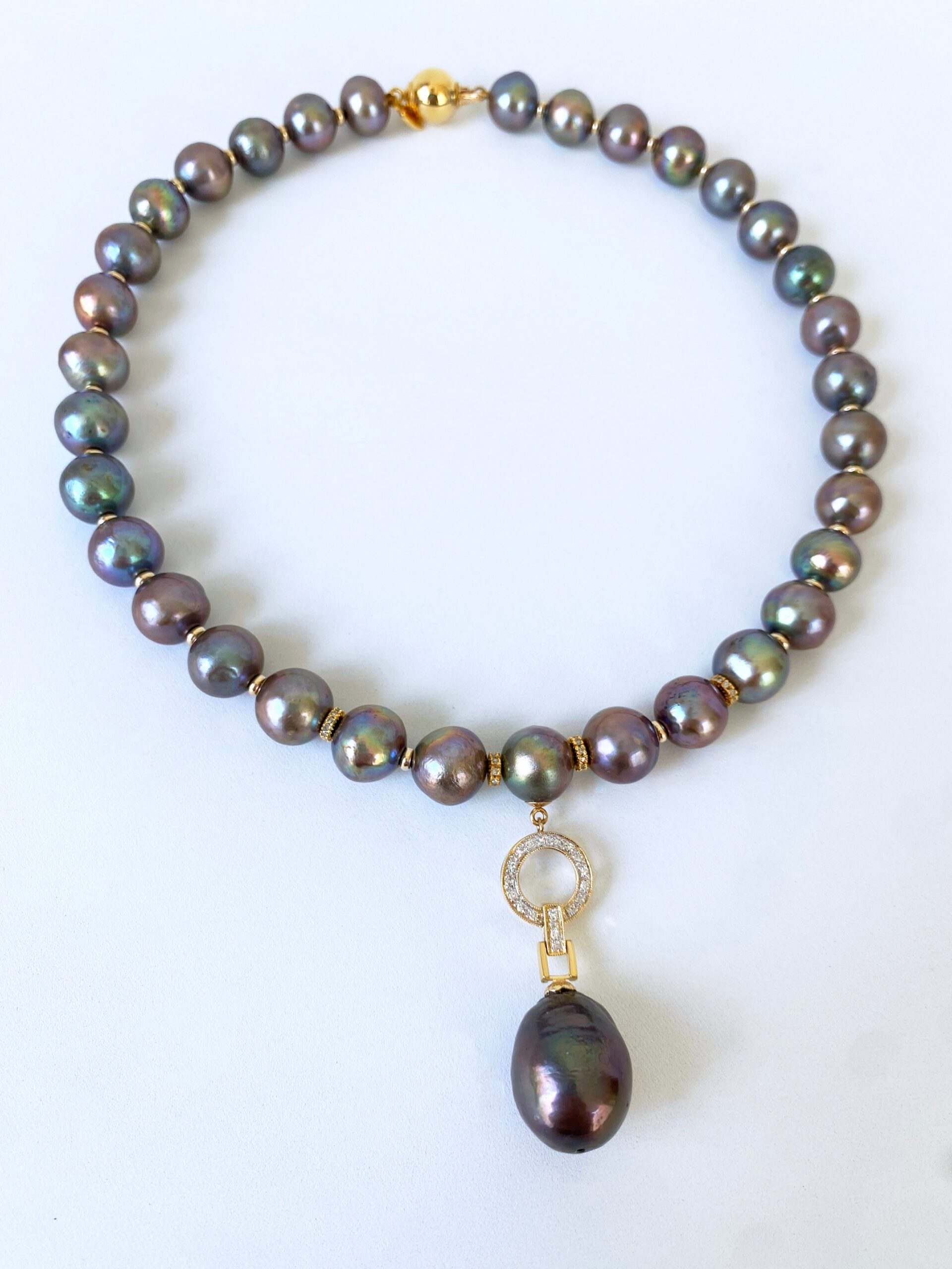 One Of A Kind Black Pearl Necklace with Diamonds & Solid 14k Yellow Gold - Image 9