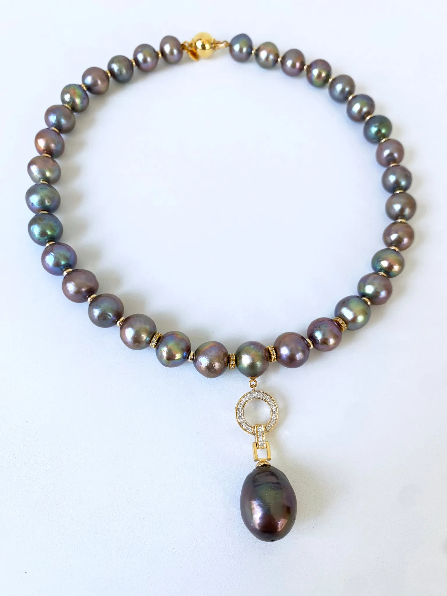 One Of A Kind Black Pearl Necklace with Diamonds & Solid 14k Yellow Gold - Image 10