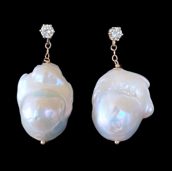 Diamond Studded Pearl Earrings with 14k Solid Gold